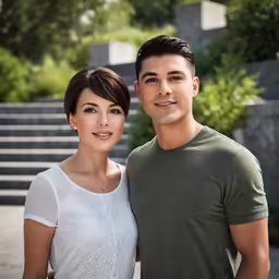 a man and woman are posing together in front of stairs