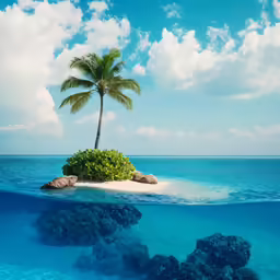 an island with a palm tree floating in the water