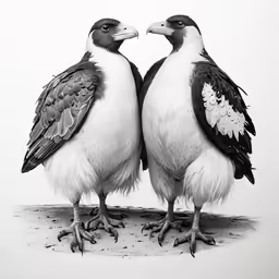 two birds standing next to each other near each other