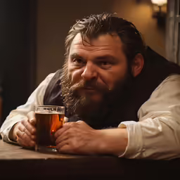 a man with a beard and long sleeve shirt holding a glass of beer