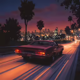 a vintage car driving down the road at night with palm trees