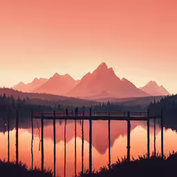 people walking across a bridge over a lake at sunset,the sunrise is just beginning to give some pink colors to this picture