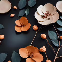 plates and flowers with leaves are arranged on a black table
