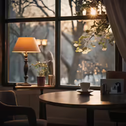a room with a large window view of a tree outside
