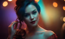 a young lady posing in front of the light of a colorful lamp