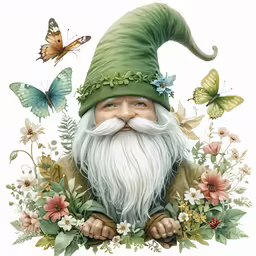 an gnome sitting with flowers, butterflies and a butterfly