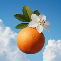 an orange with a flower in the middle of it