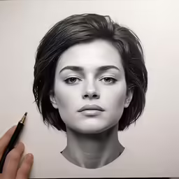 a person is holding a pencil drawing of a woman