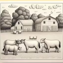 a herd of animals standing on top of a field,a drawing of sheep and lambs in a pen