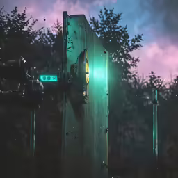 a dark room with a green light shining in it