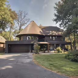 an elegant home with a thatch roof and large driveway