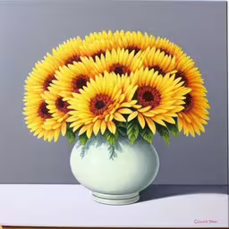 a painting of a green vase filled with yellow sunflowers,some yellow sunflowers in a vase sitting on a table