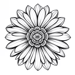 a large black and white flower with lots of petals,an ornate sunflower on white paper