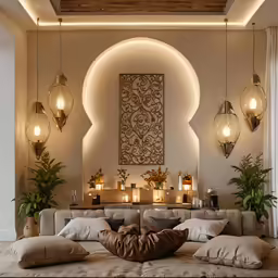 an elegant living room with lit candles and pillows