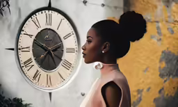 there is a woman wearing earrings in front of a clock