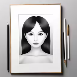 a photo is hanging on the wall next to two pencils