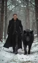 a man walks with a large black bear in the woods