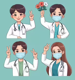 a female doctor with several facial masks and medical equipment