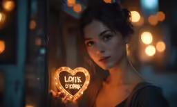 woman holding up a heart shaped light that says locks down
