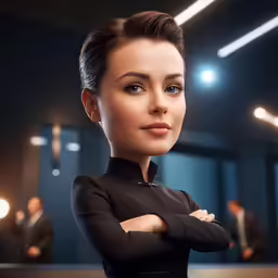 a woman in a black suit with her arms crossed