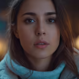 a woman with blue eyes stares intently at the camera