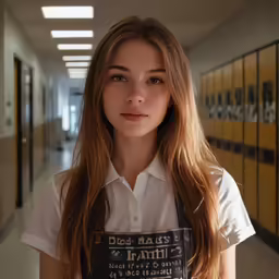 a female student wearing a t shirt that says decals on it