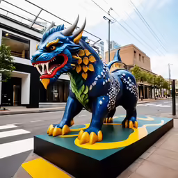 a sculpture of a blue dragon on a green base in front of buildings