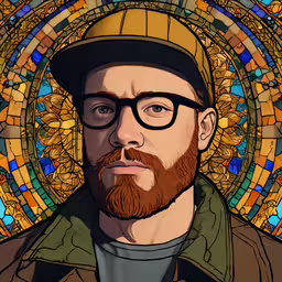 a close up of a man wearing glasses and a hat,a stained glass painting of a man wearing glasses and a hat