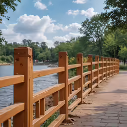 the wooden fence has a view of a lake