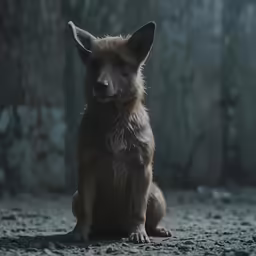 a brown dog sits in a dark room