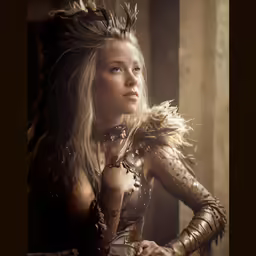 a beautiful woman wearing leather and feathers is posed