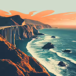 view of ocean with bridge and waves at dusk
