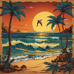 a painting of two palm trees, an ocean and a distant mountain range,the painting is depicting an orange sunset on the beach