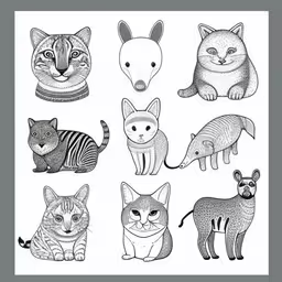 eight cat and other animals all on a gray background,a black and white drawing of nine different types of animals,drawing of cats and animals on a white background,a set of twelve hand drawn cats by black and white,various cat heads and their markings in ink