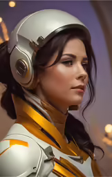 a young woman with headphones on in a futuristic space setting