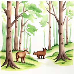 two deer standing in the woods by the trees,two deer in a wood, one is facing the other,two deer in the middle of a forest,a pair of deer stand next to each other in the woods,watercolor of two deer standing next to a road
