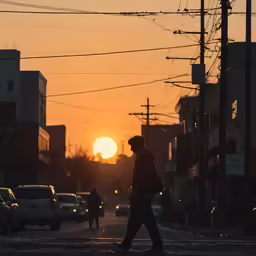 the sun is shining behind the building on the street