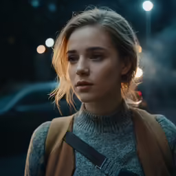 a blonde girl in the dark looking sad