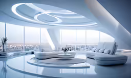 modern living room set with high ceilings in an area with tall windows