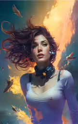 the woman is standing in front of a cloud with flying birds