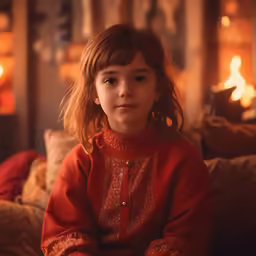 a small girl with bangs and a red shirt on