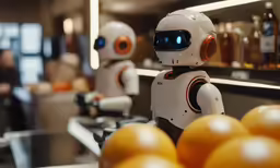 a close up of a robot near oranges on the counter