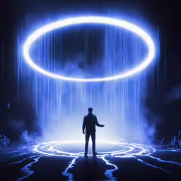 a man is standing in front of a circle light that looks like a ring
