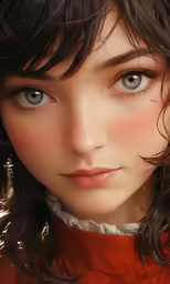 a close up of a girl with black hair and big eyes