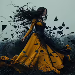 a woman in a long yellow dress standing on a field