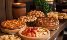 food is arranged on wooden trays in a buffet