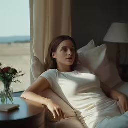 a beautiful young woman sitting on top of a bed