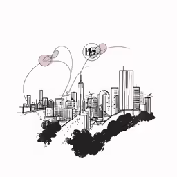 a black and white drawing of cityscapes and the sky