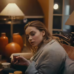 a person sitting on a couch and holding something