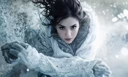 a woman in a white coat holding her arms out
